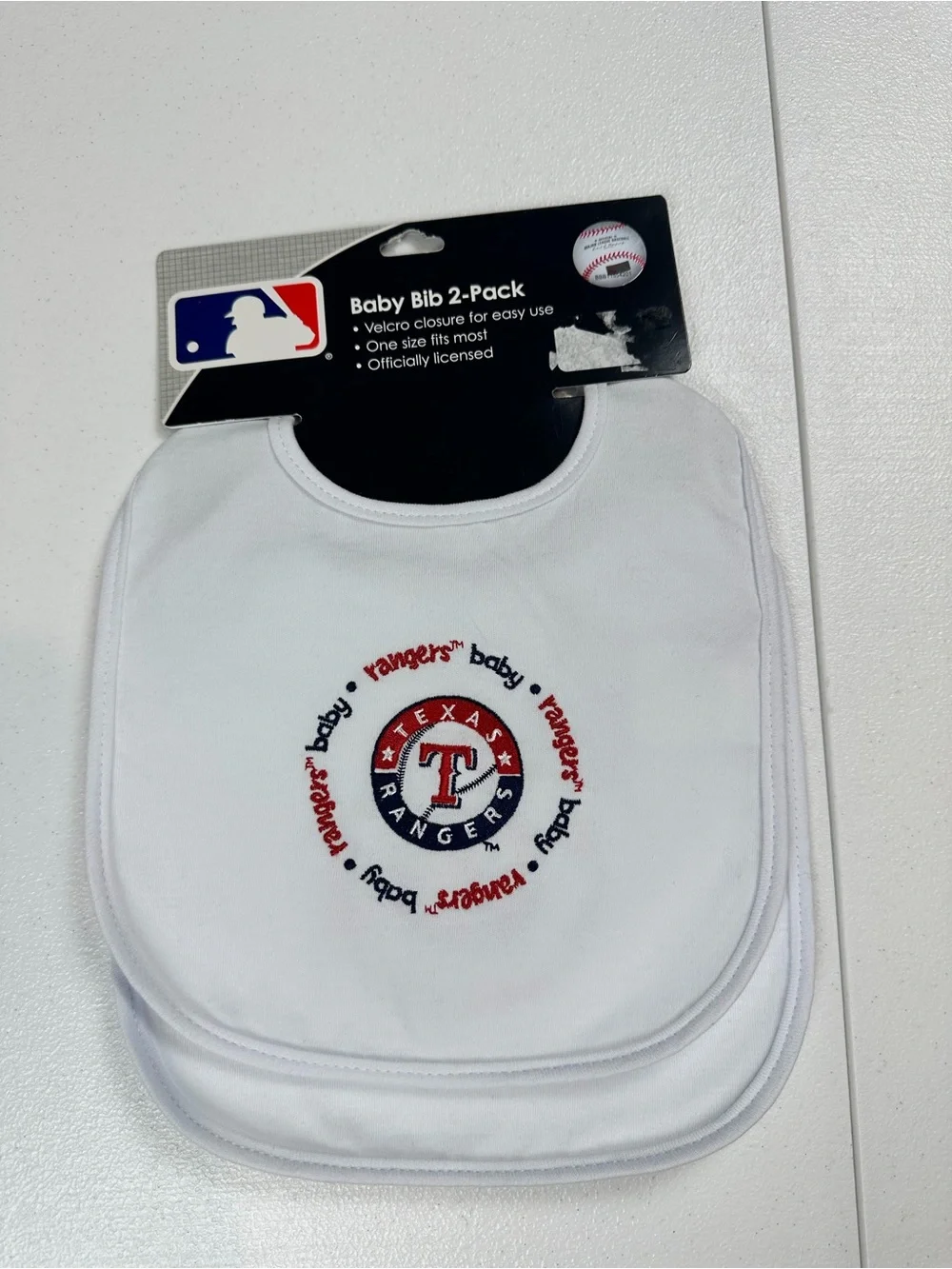 MLB Texas Rangers White Baby Bibs with Red & Blue Logo 2-Pack